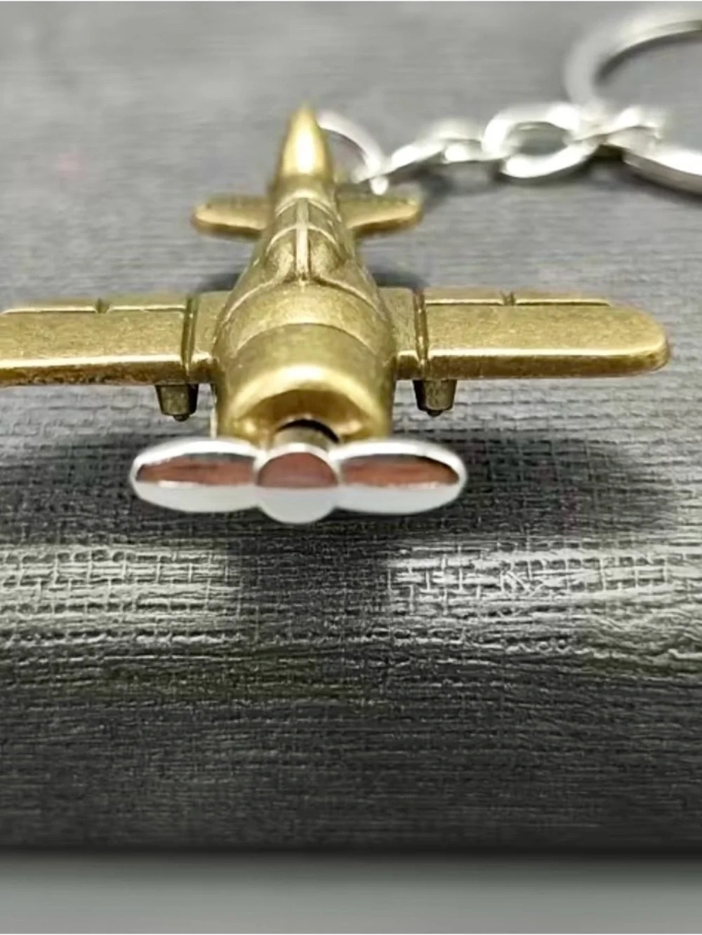Vintage Style 3D Airplane Keychain – Antique Brass Toned Propeller Plane Model